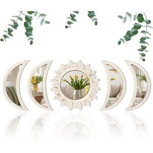 Moon Phase Mirror Wall Decor Set Boho Wood Acrylic Sunburst Bedroom Art 5PC